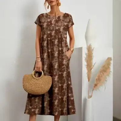  WOMEN CASUAL SUMMER COTTON LINEN DRESS WITH POCKETS SHORT SLEEVE